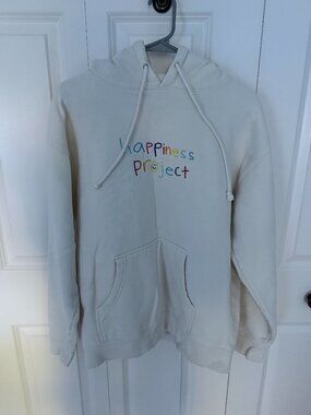 Happiness Project Cream Hoodie with Colorful Text Unisex Size Large